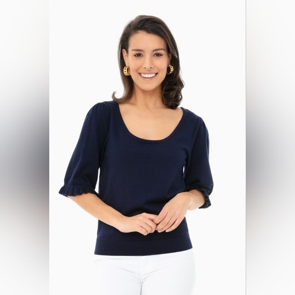 Tuckernuck Perrin Black Short Sleeve Scoop Neck Ruffle Sweater - Picture 1 of 6